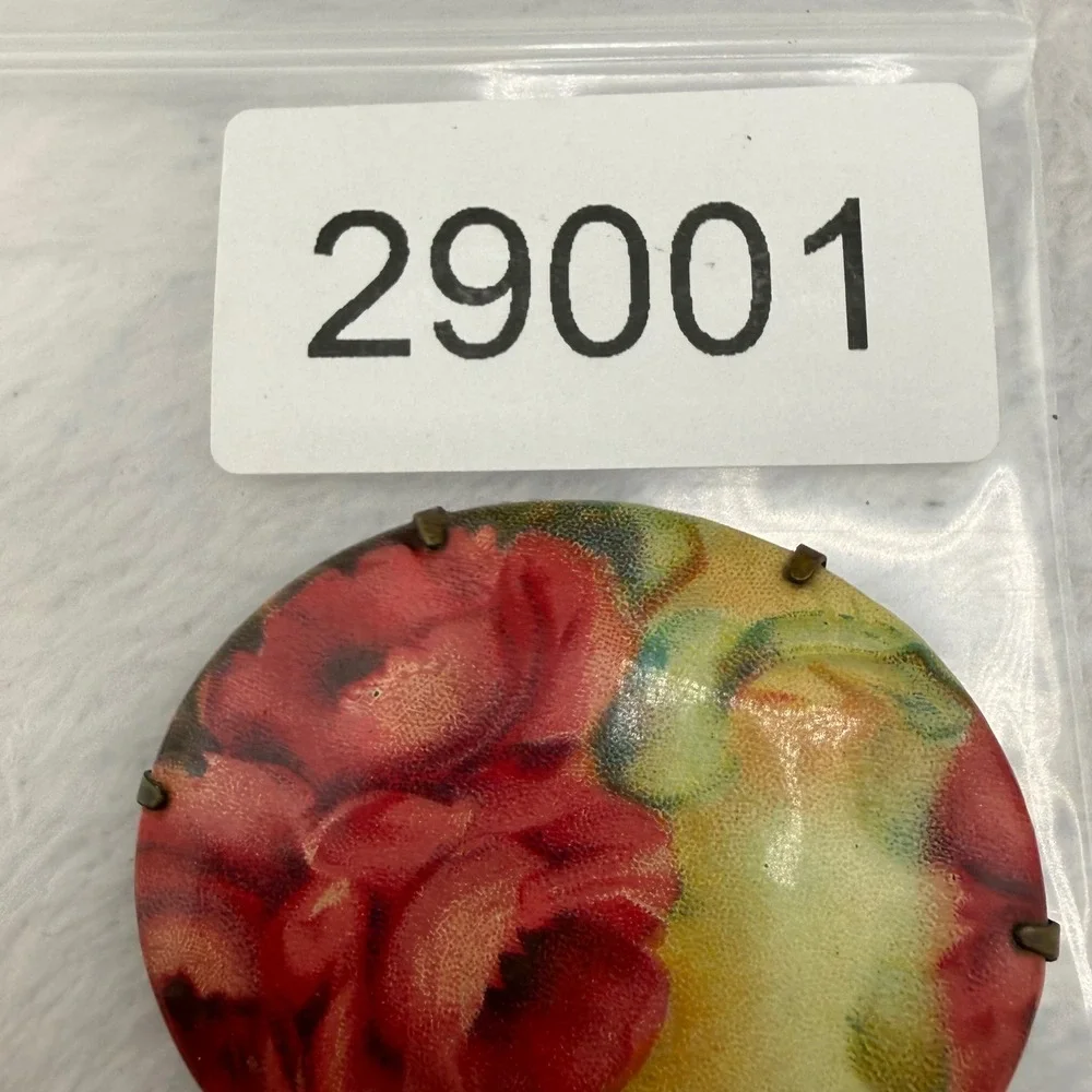 Vintage Victorian Porcelain Brooch Red Rose Floral Oval Brass Tone Pin